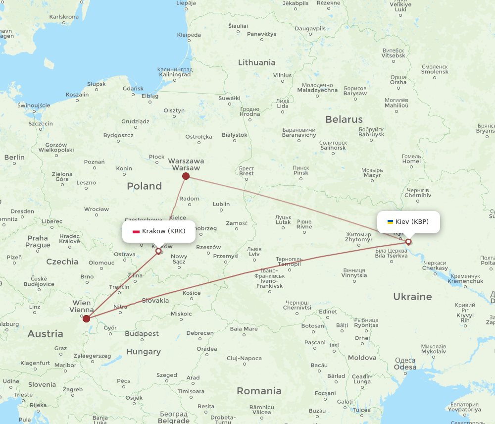 Krakow - Kiev/Kyiv route map and flight paths