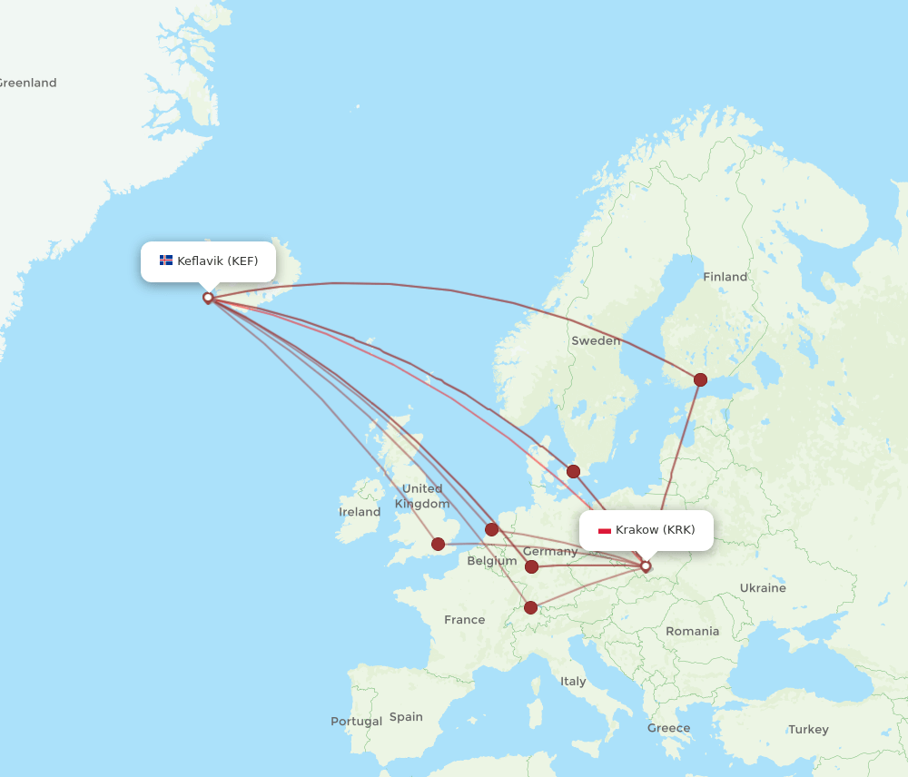 KRK-KEF flight routes