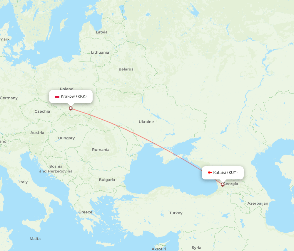 Krakow - Kutaisi route map and flight paths