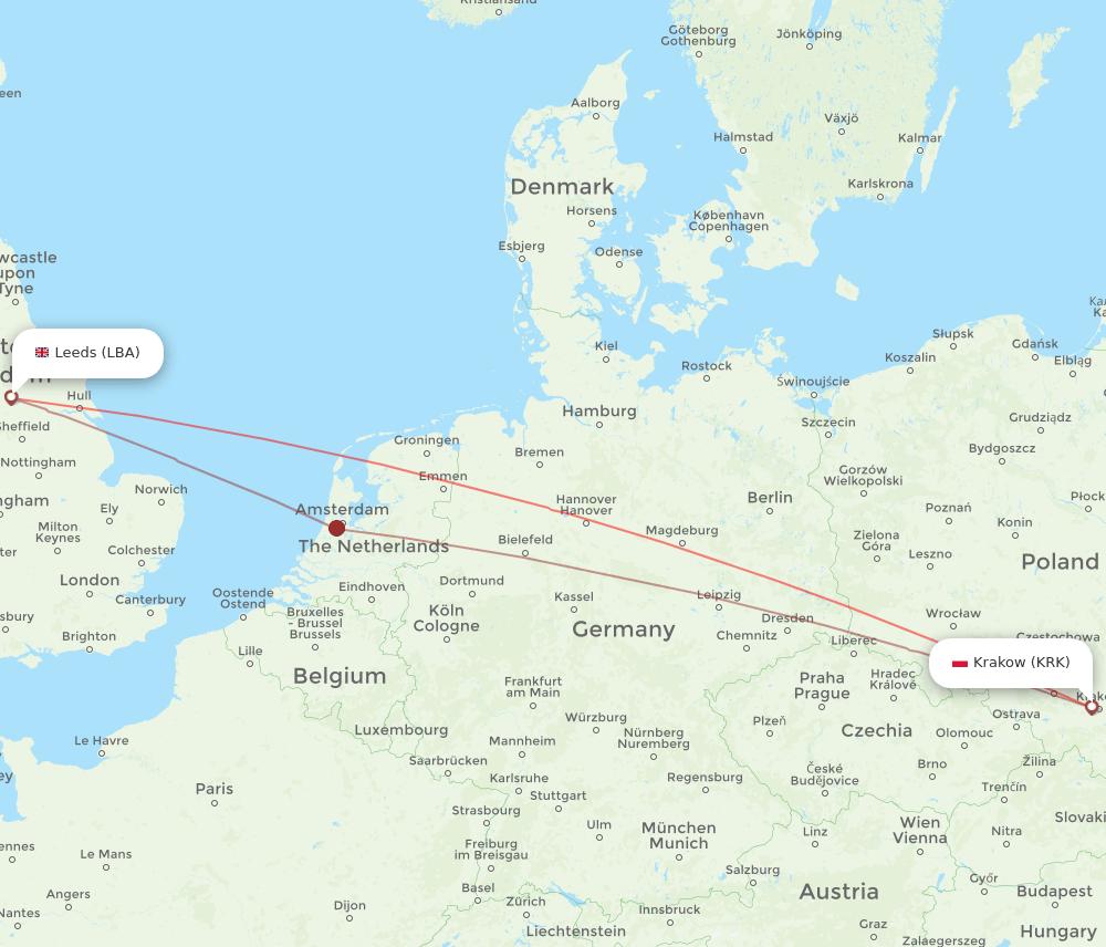 KRK-LBA flight routes