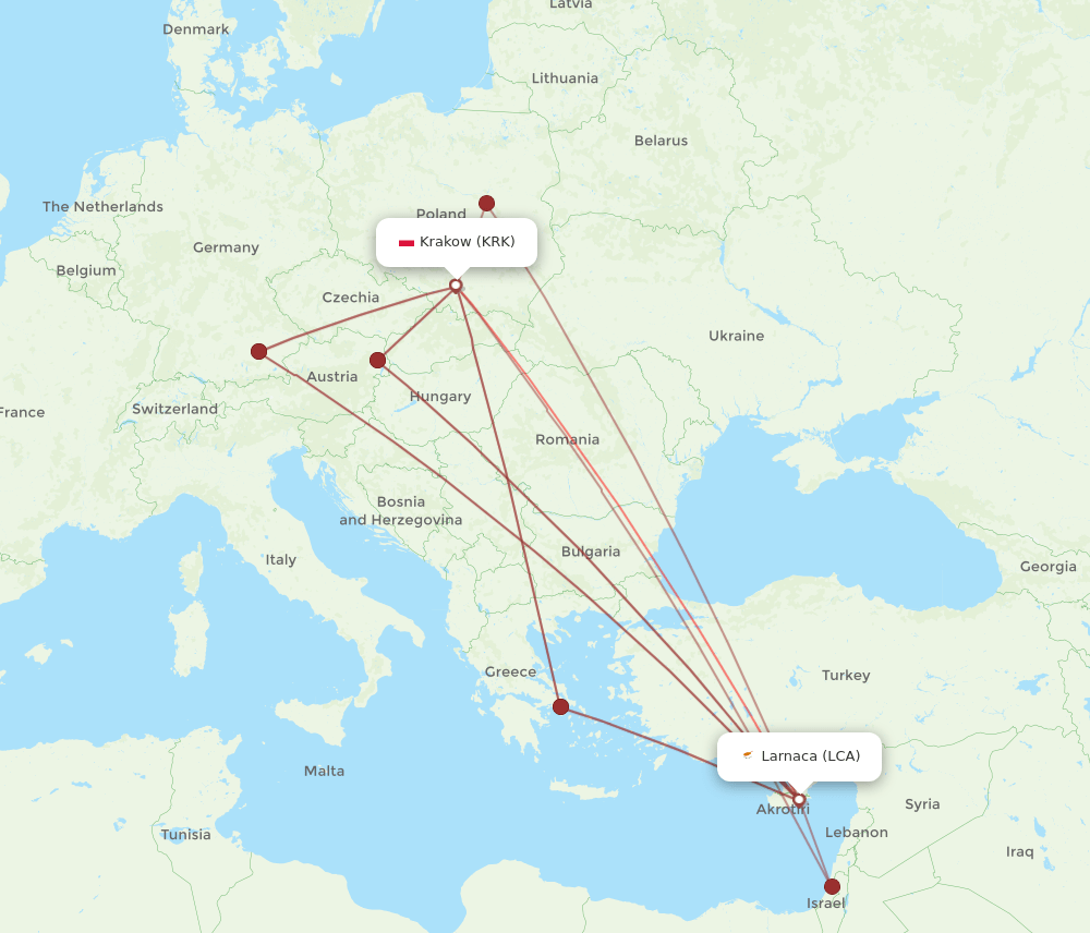 KRK-LCA flight routes