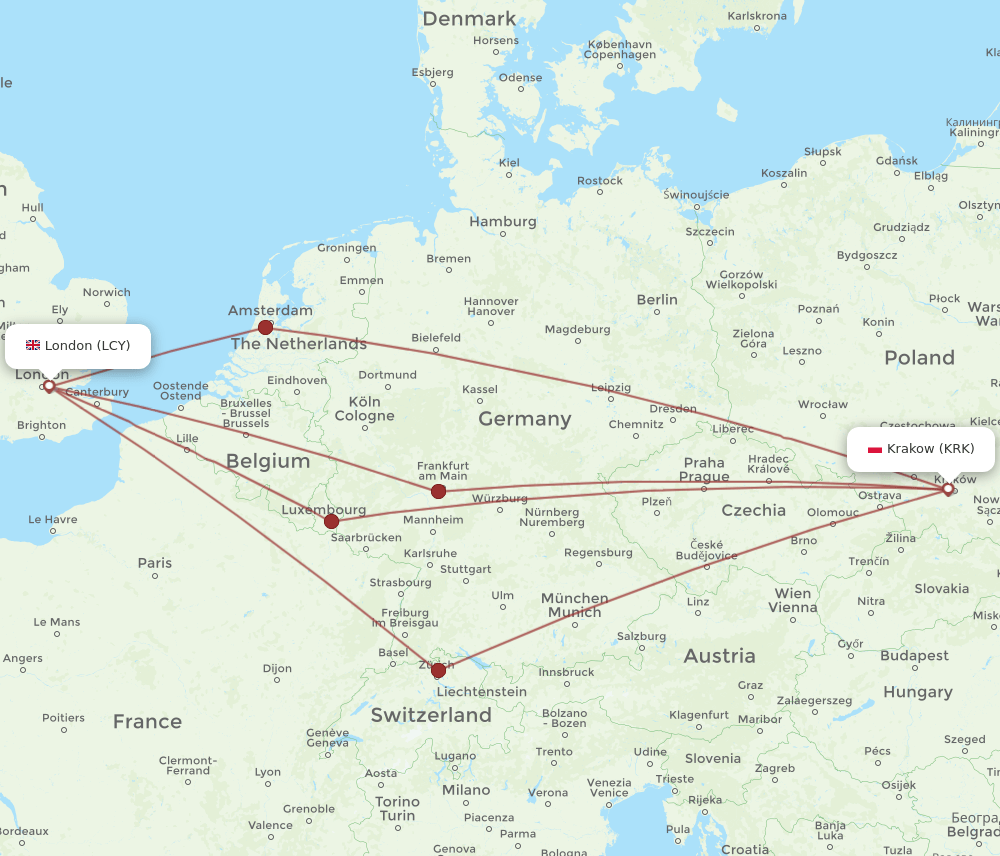 KRK to LCY flights and routes map