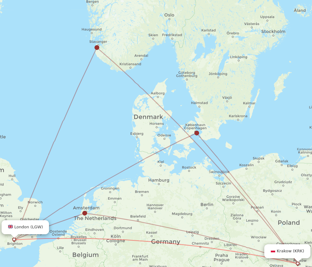 KRK to LGW flights and routes map