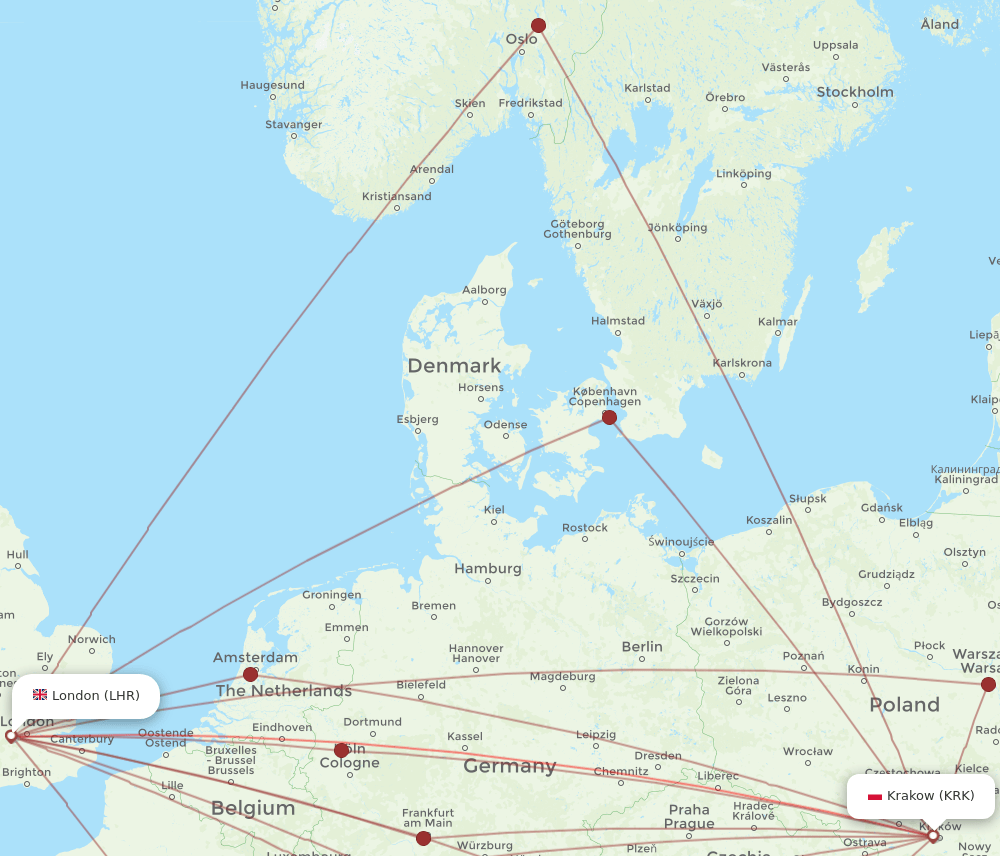 KRK to LHR flights and routes map