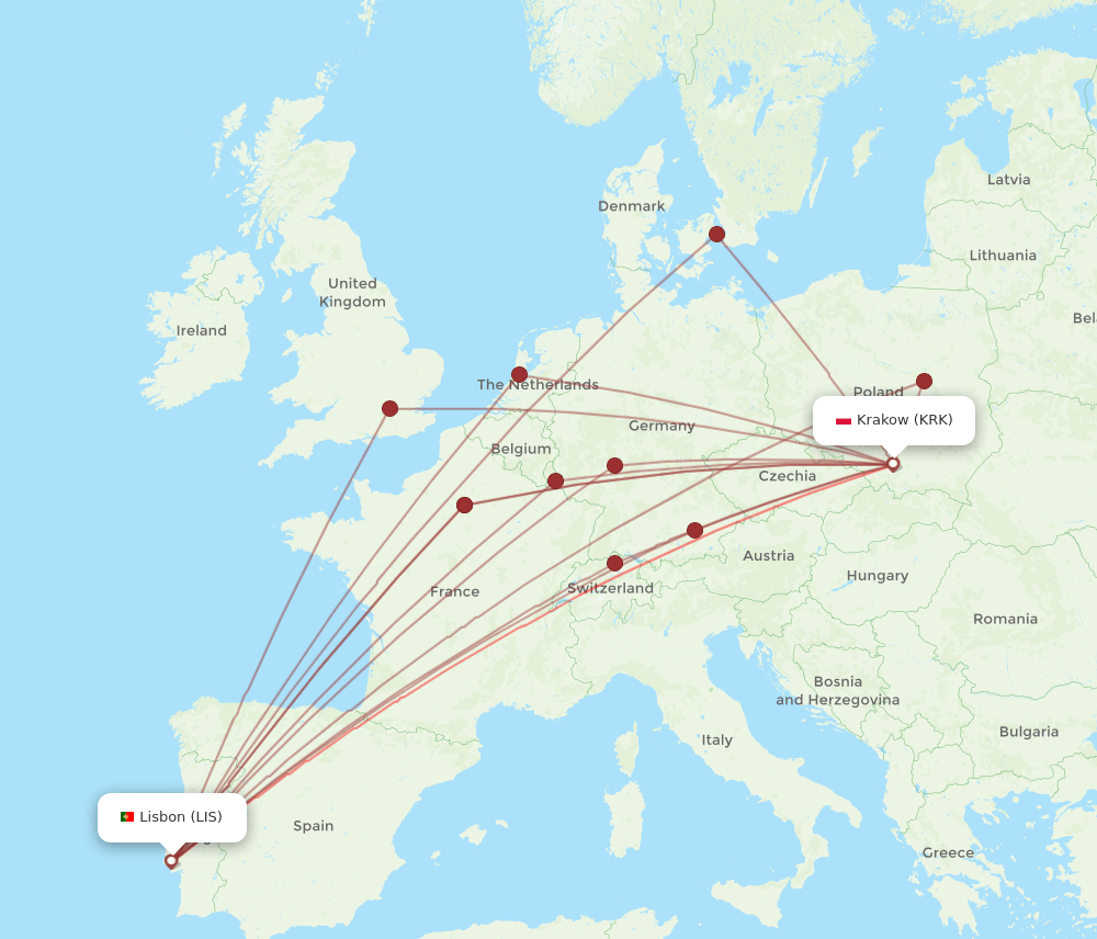 KRK to LIS flights and routes map