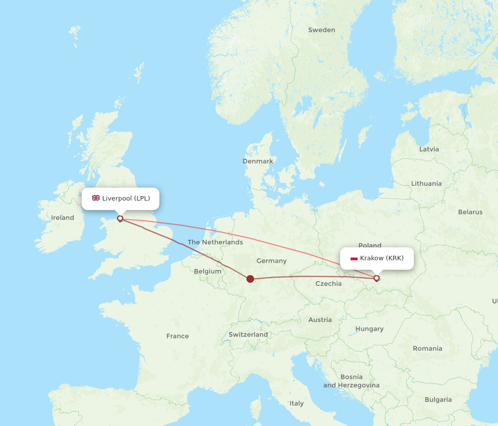 Krakow - Liverpool route map and flight paths
