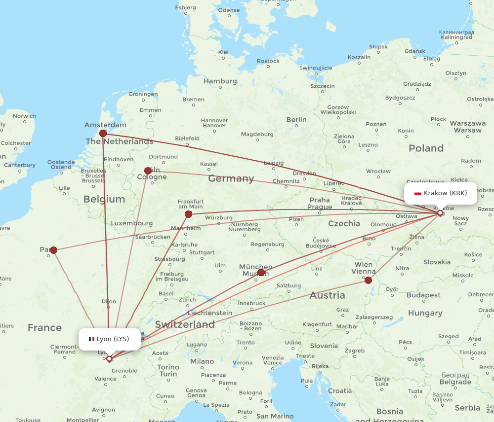 KRK to LYS flights and routes map