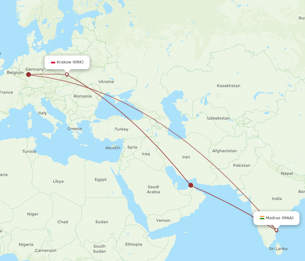 KRK-MAA flight routes