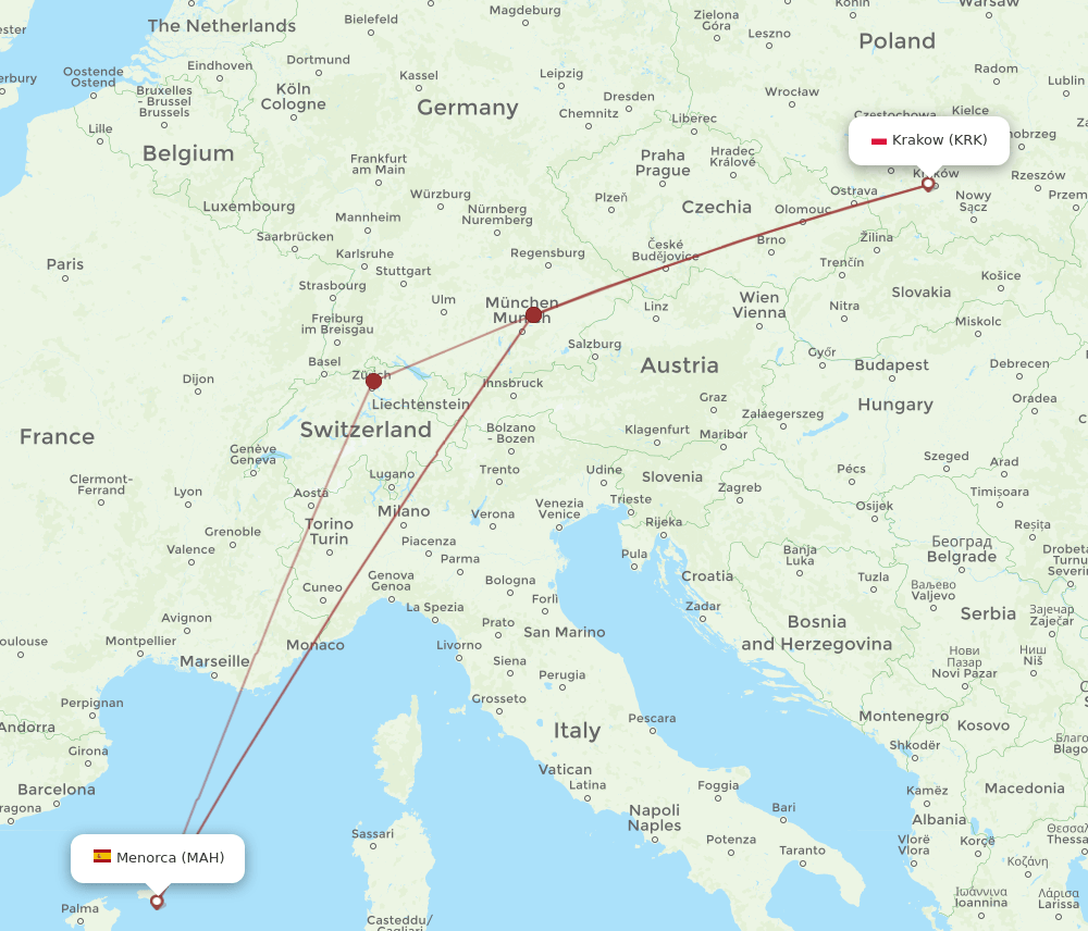 KRK-MAH flight routes
