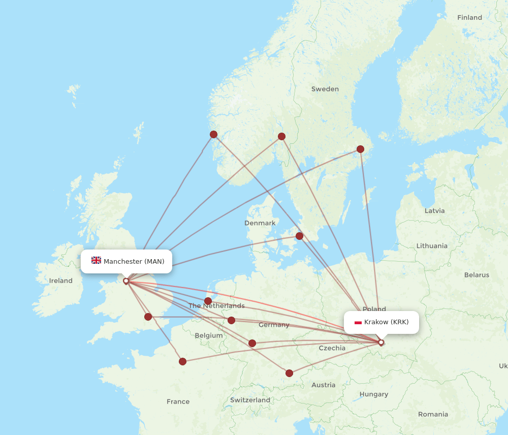 KRK to MAN flights and routes map