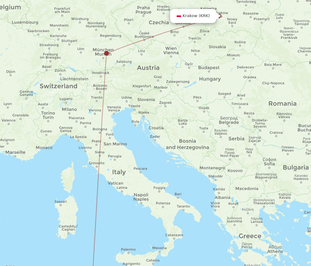 KRK to MIR flights and routes map