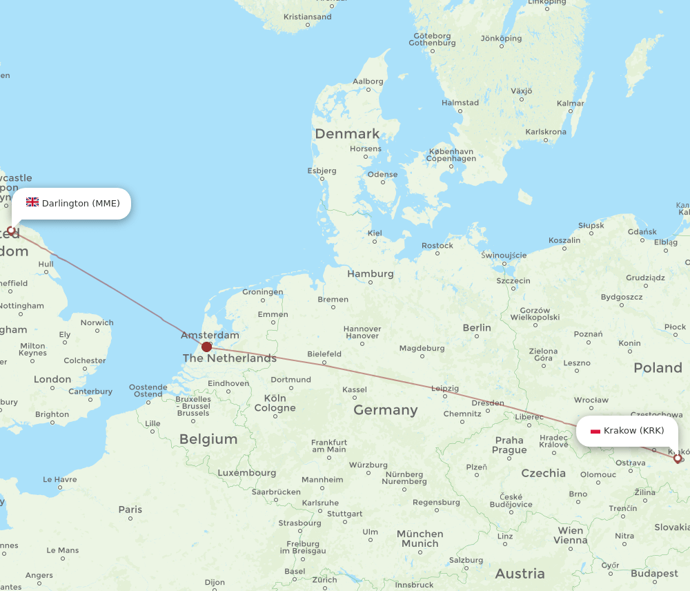 KRK to MME flights and routes map