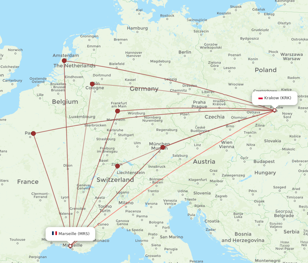 KRK to MRS flights and routes map