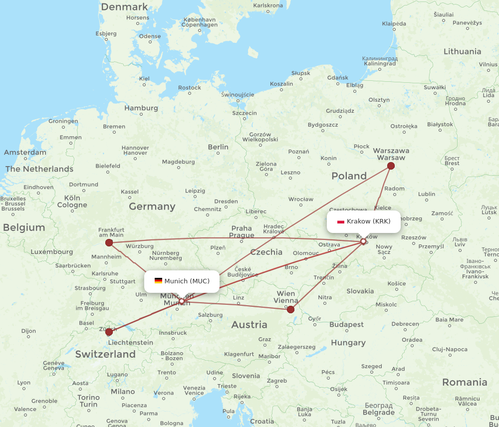 KRK to MUC flights and routes map