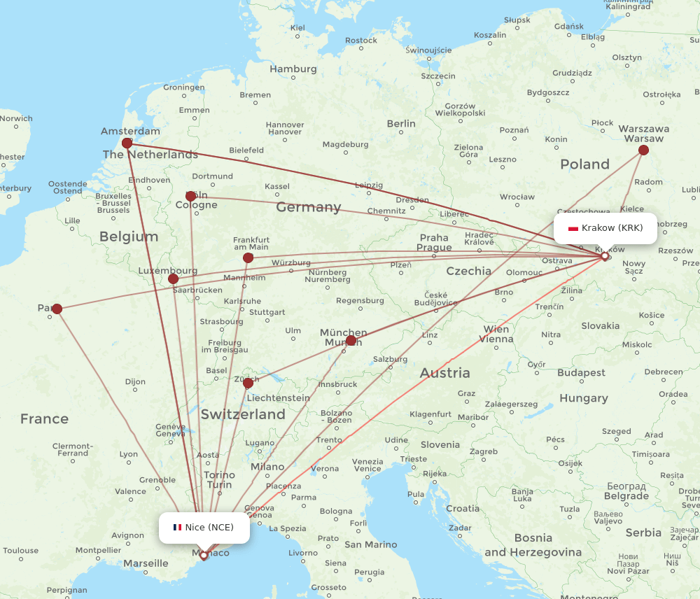 KRK-NCE flight routes