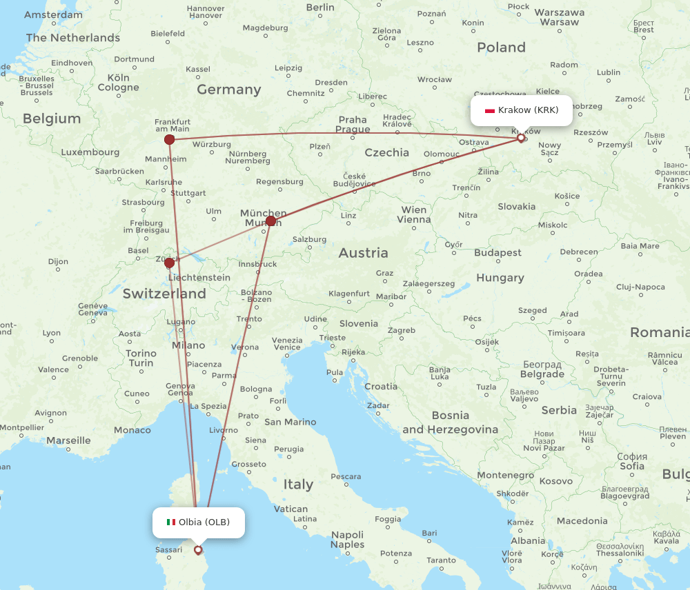 KRK to OLB flights and routes map