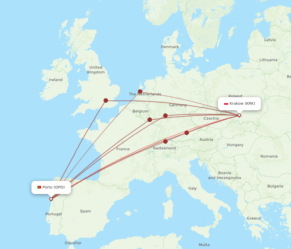 KRK-OPO flight routes