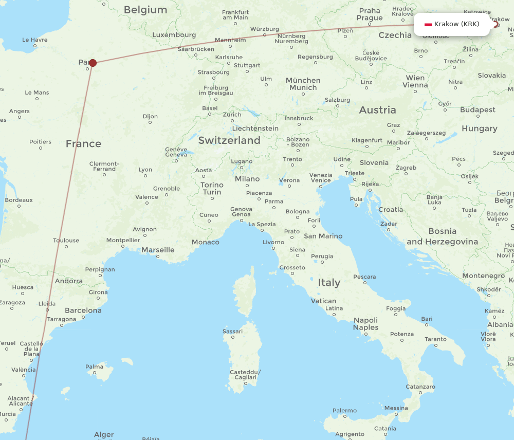 Oran - Krakow route map and flight paths