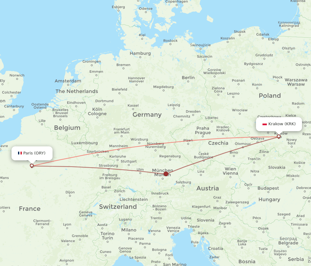 Krakow - Paris route map and flight paths
