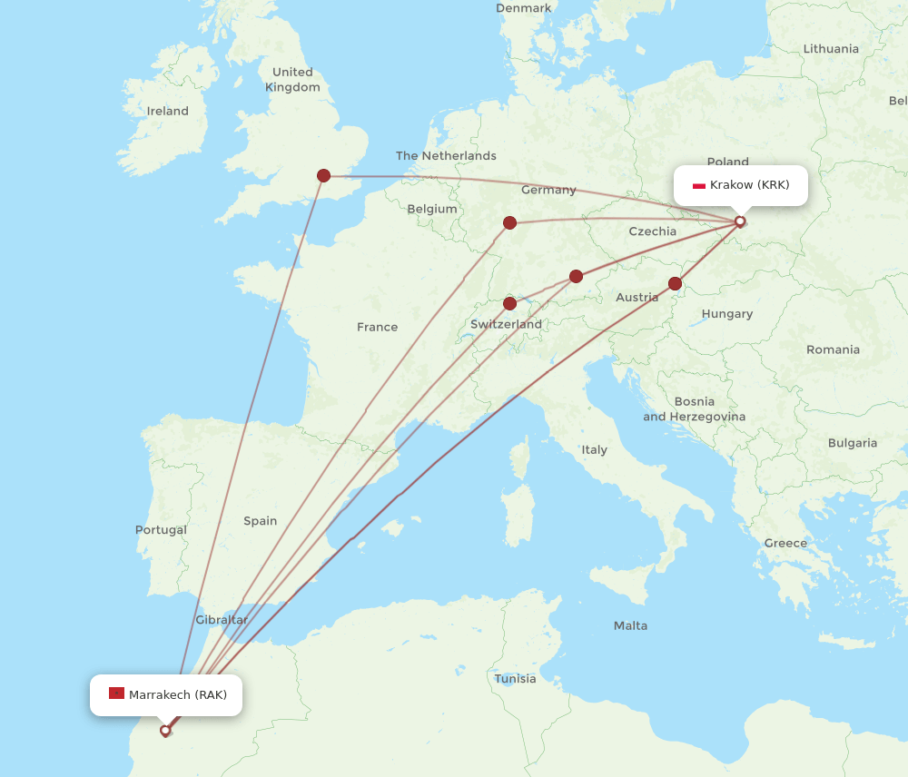 KRK-RAK flight routes