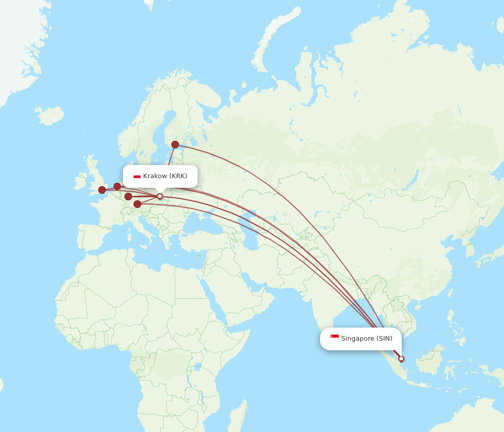 KRK to SIN flights and routes map