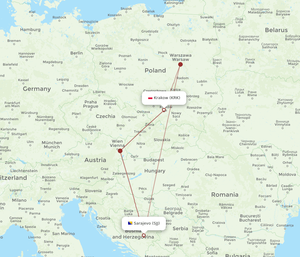KRK to SJJ flights and routes map