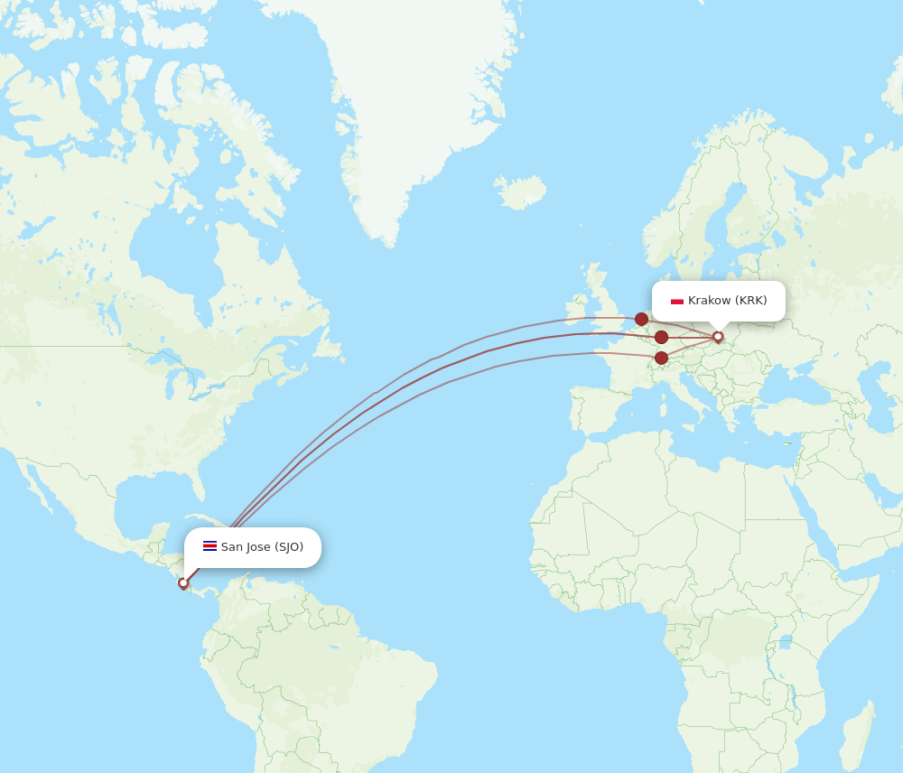 KRK to SJO flights and routes map
