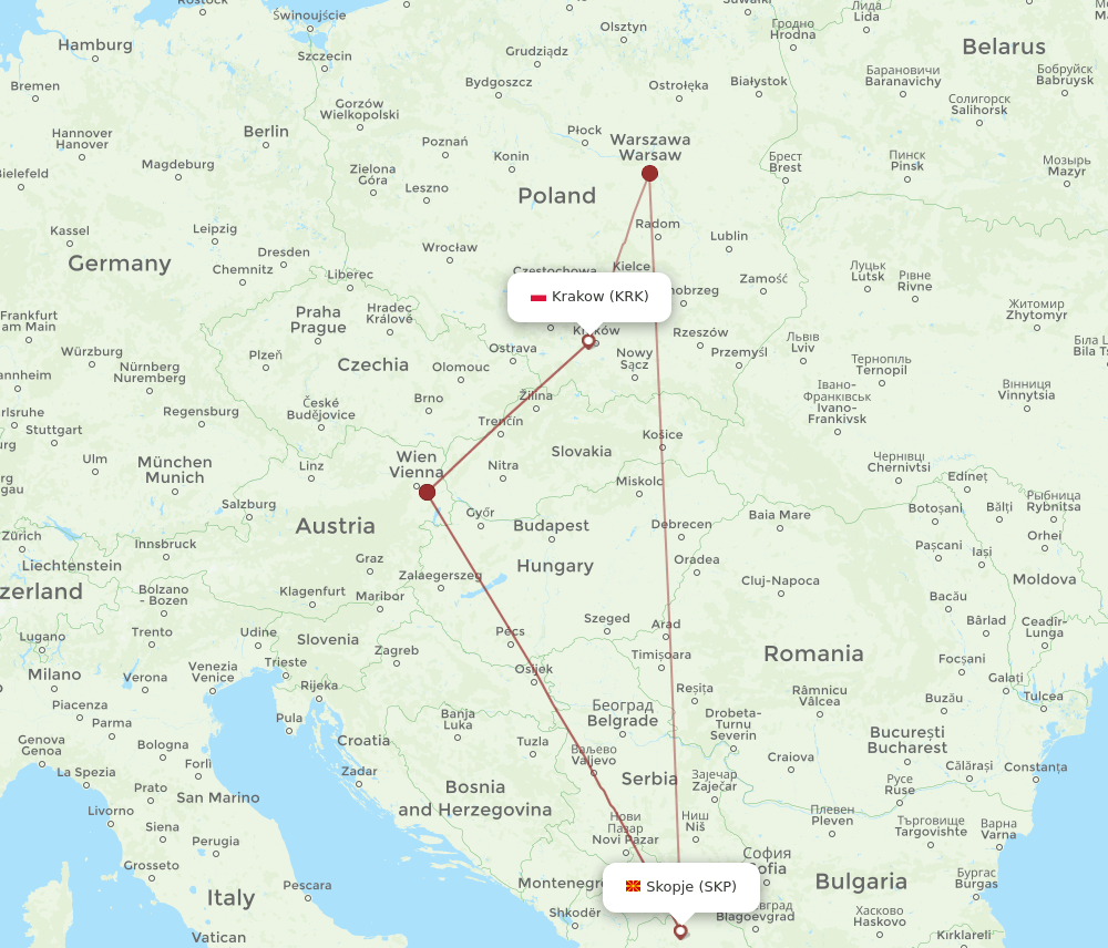 KRK-SKP flight routes