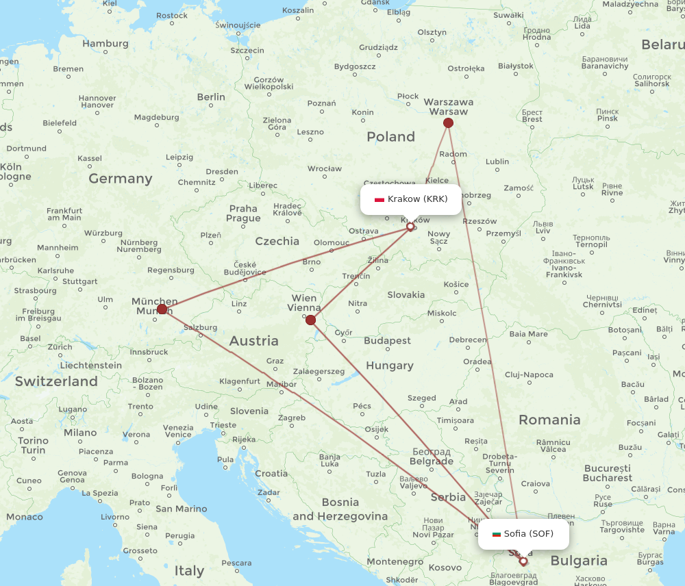 KRK to SOF flights and routes map