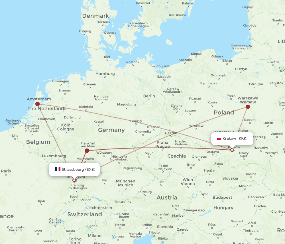 KRK to SXB flights and routes map