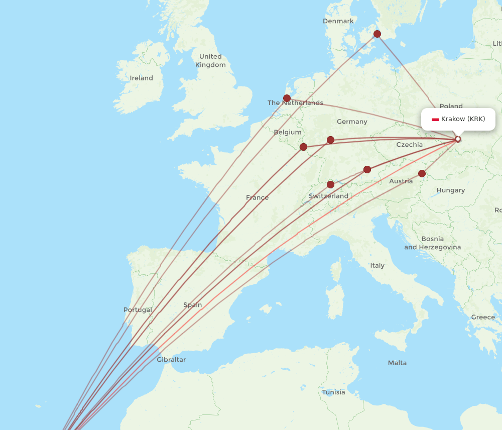 KRK to TFS flights and routes map