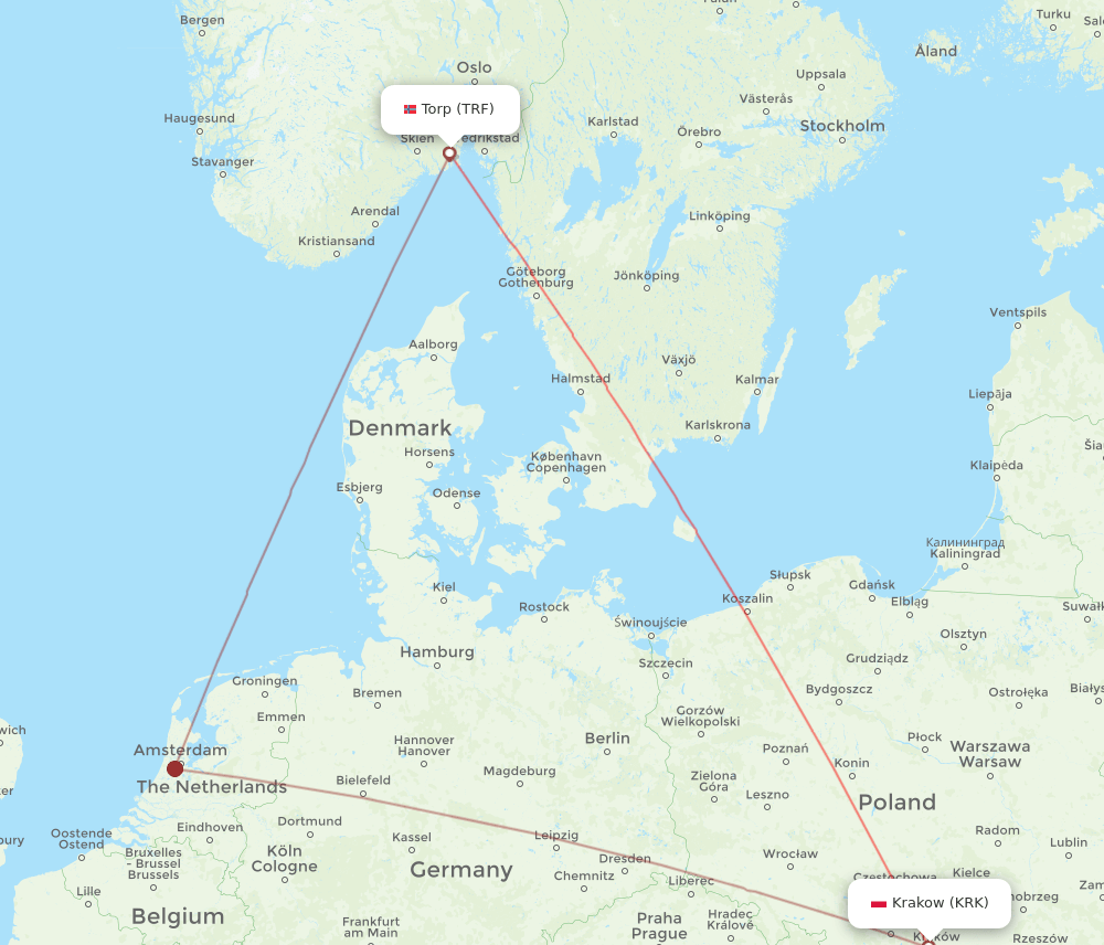 KRK-TRF flight routes