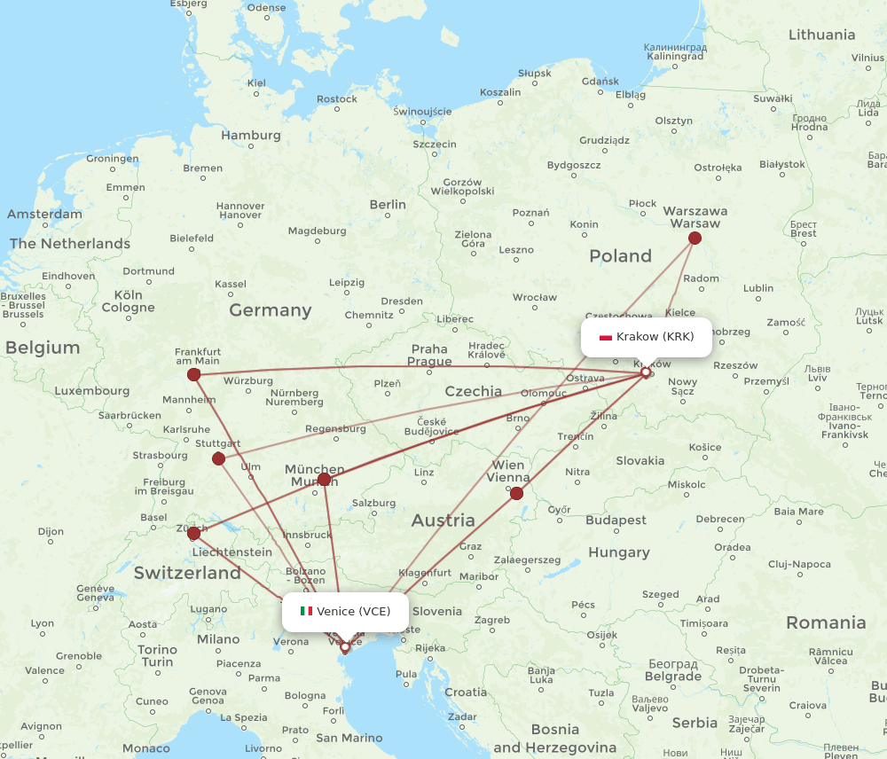 KRK to VCE flights and routes map