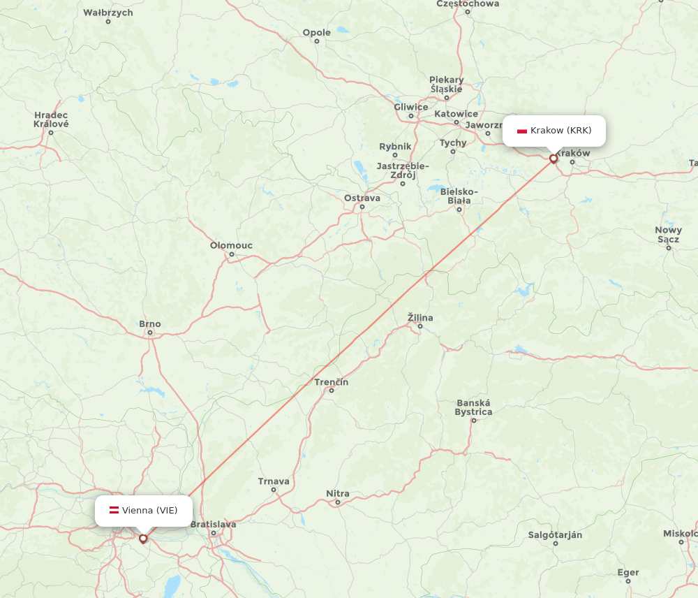 Krakow - Vienna route map and flight paths
