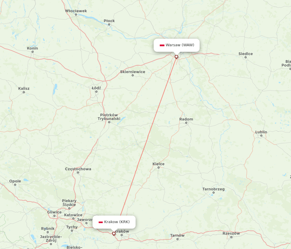 KRK to WAW flights and routes map