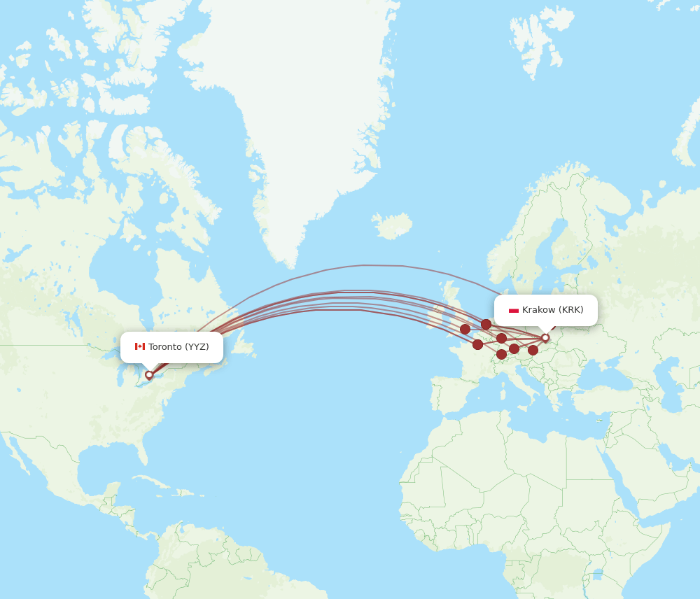 Toronto - Krakow route map and flight paths