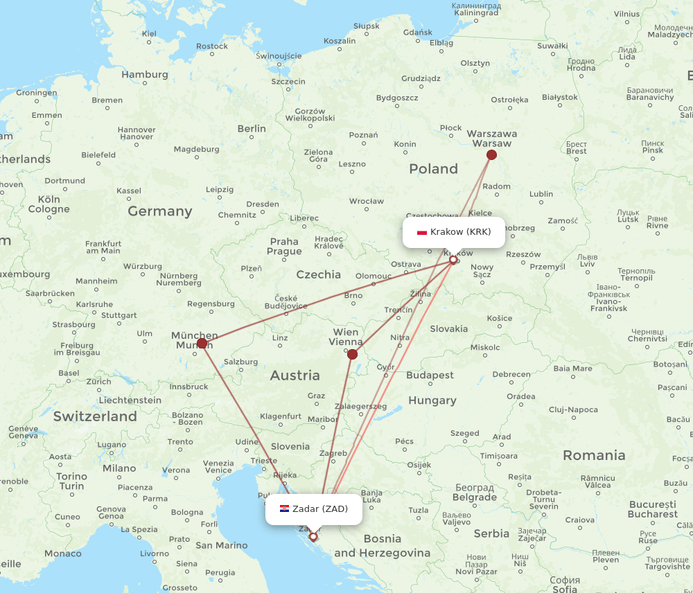 Zadar - Krakow route map and flight paths
