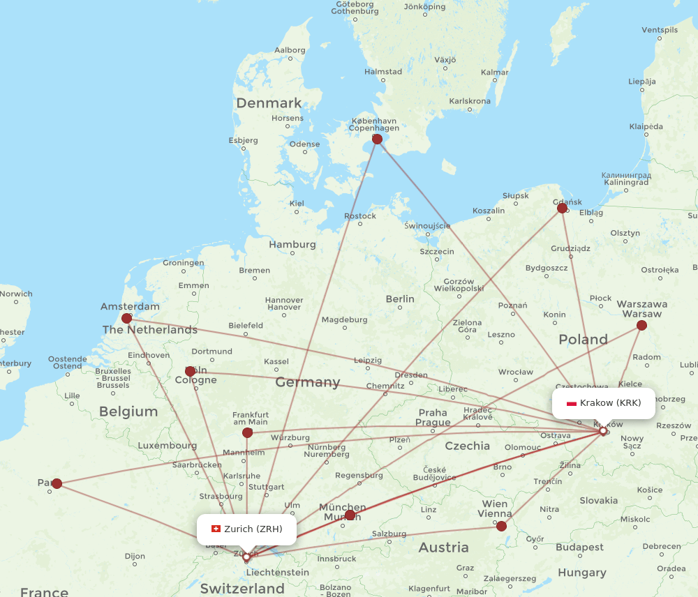 KRK-ZRH flight routes