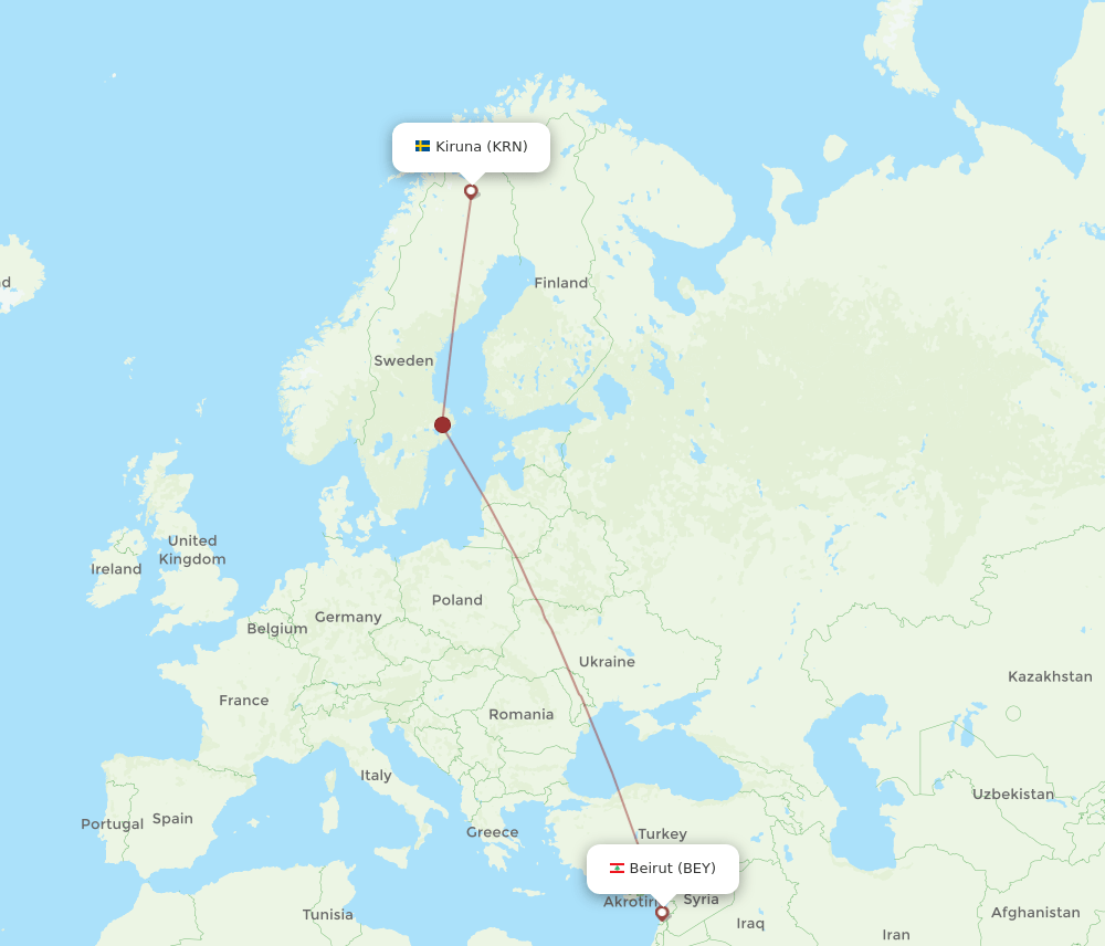 Beirut - Kiruna route map and flight paths