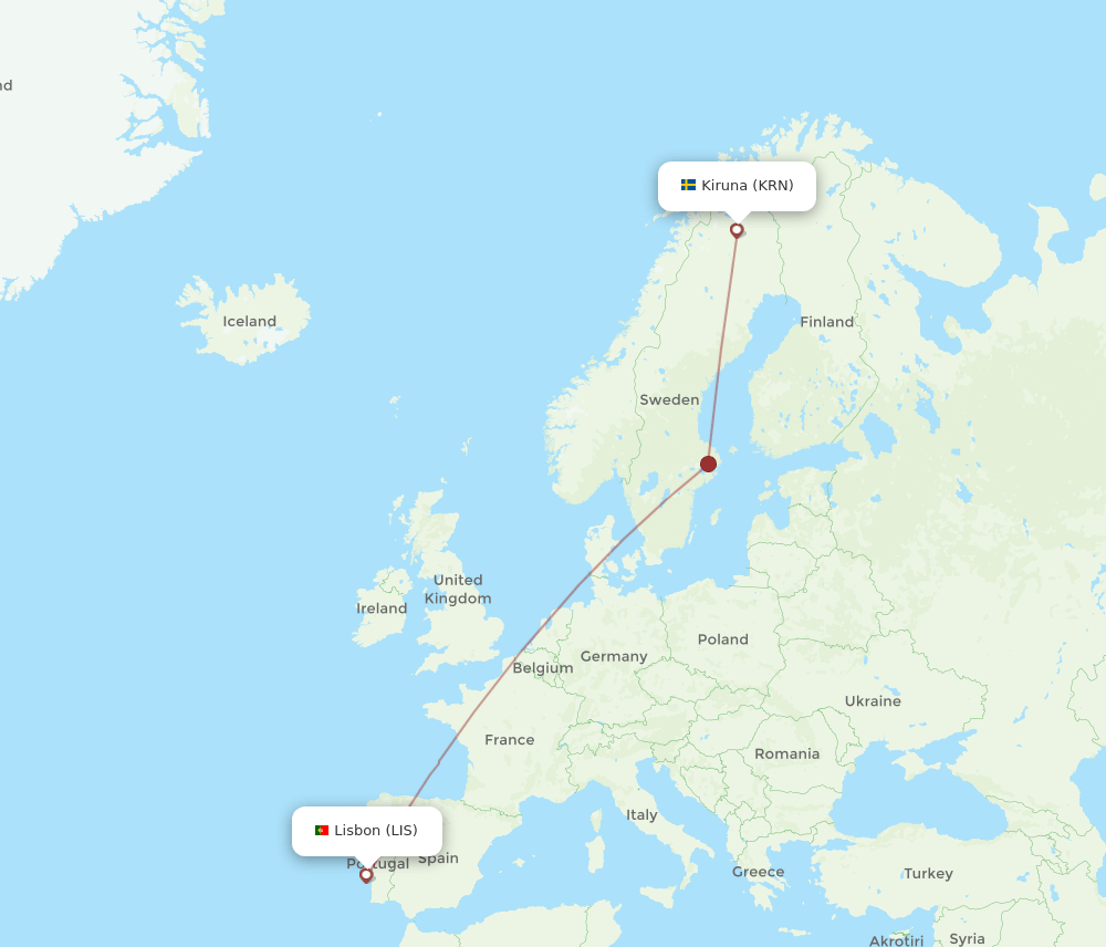 KRN to LIS flights and routes map