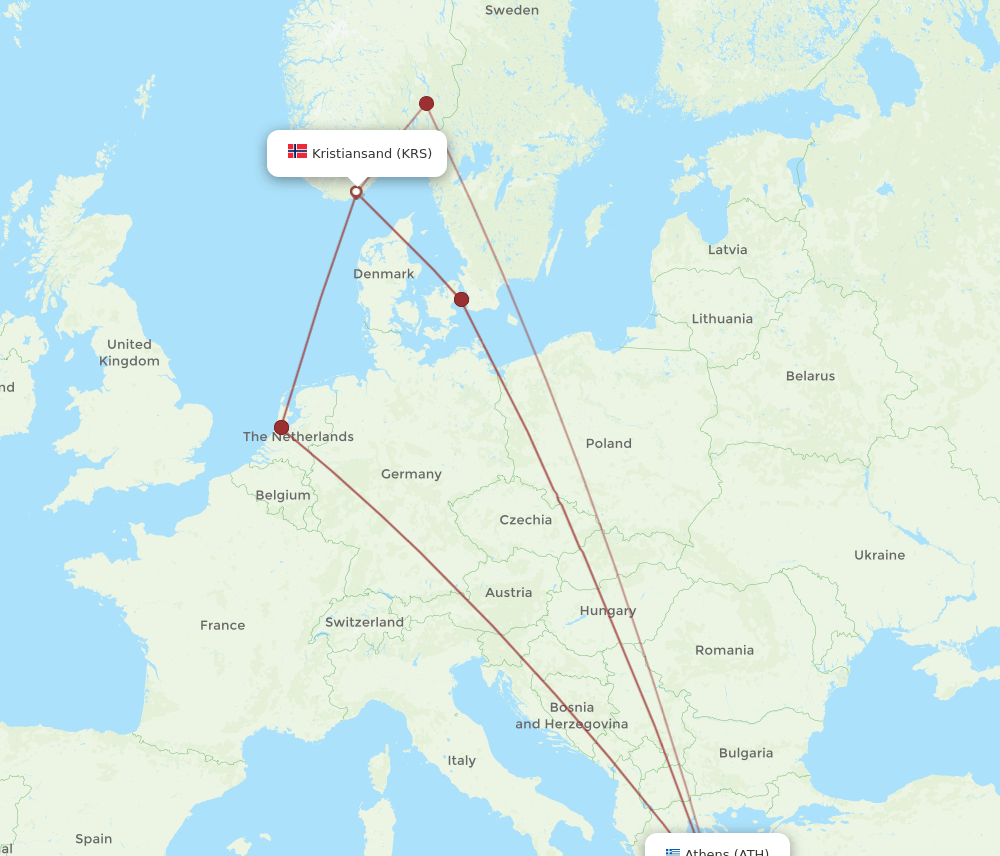 KRS to ATH flights and routes map