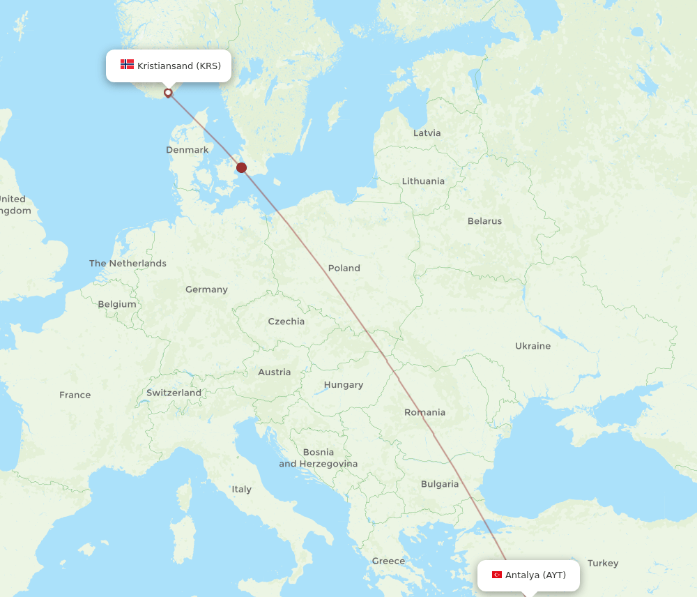 KRS to AYT flights and routes map