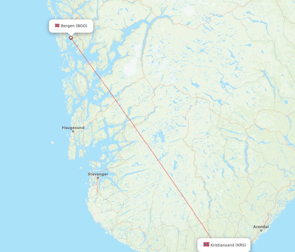 Kristiansand - Bergen route map and flight paths