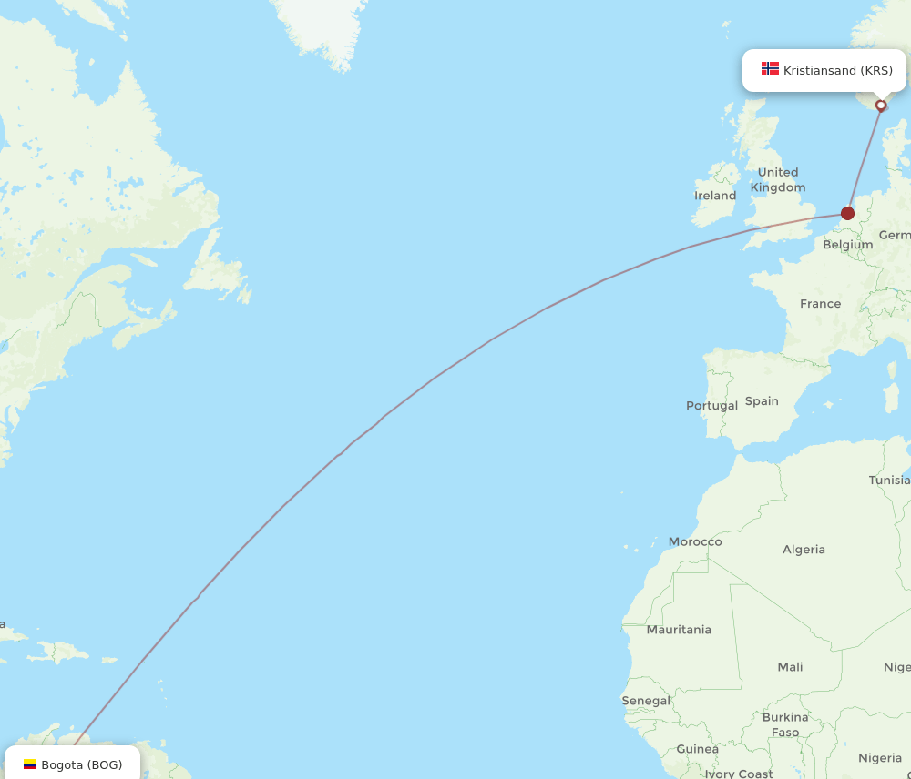 KRS to BOG flights and routes map