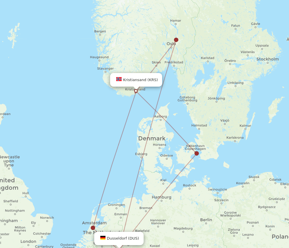 KRS to DUS flights and routes map