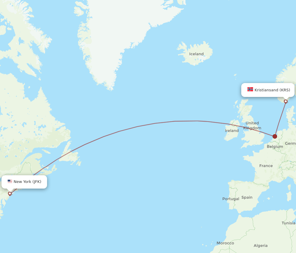 KRS-JFK flight routes
