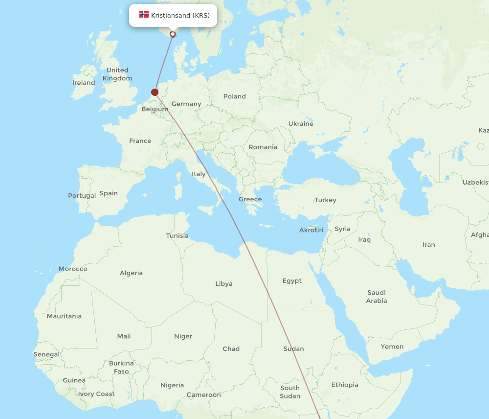 JRO to KRS flights and routes map