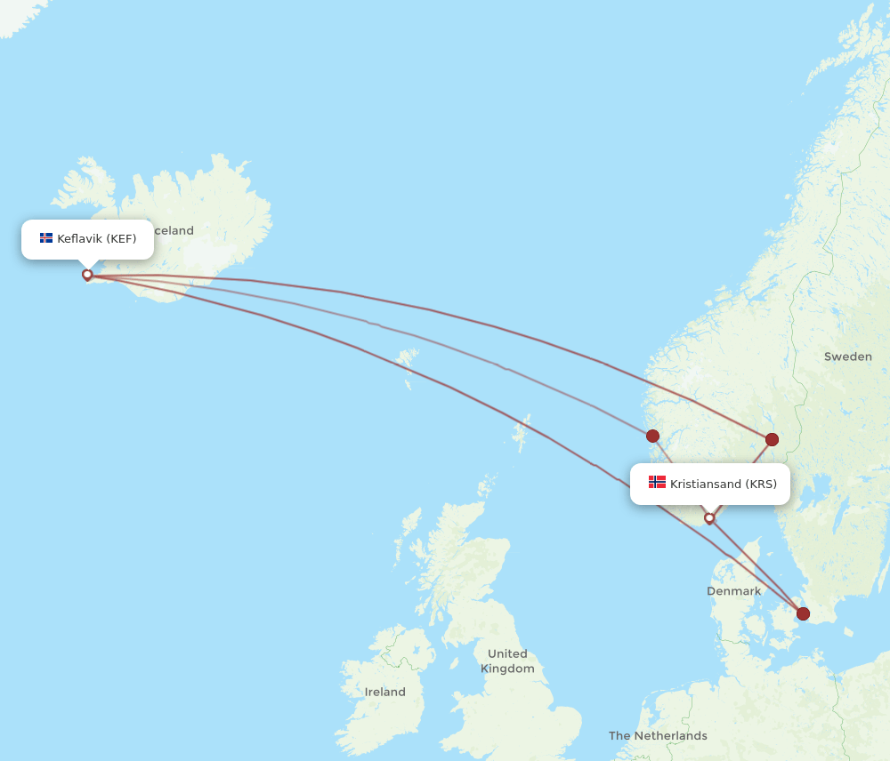 KRS-KEF flight routes