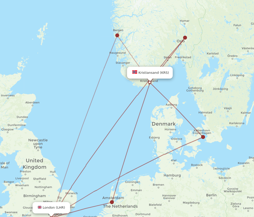 KRS to LHR flights and routes map