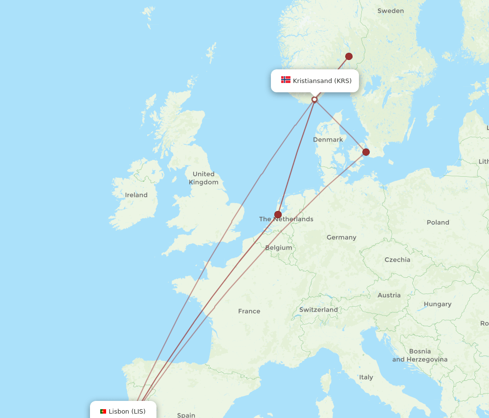 KRS-LIS flight routes